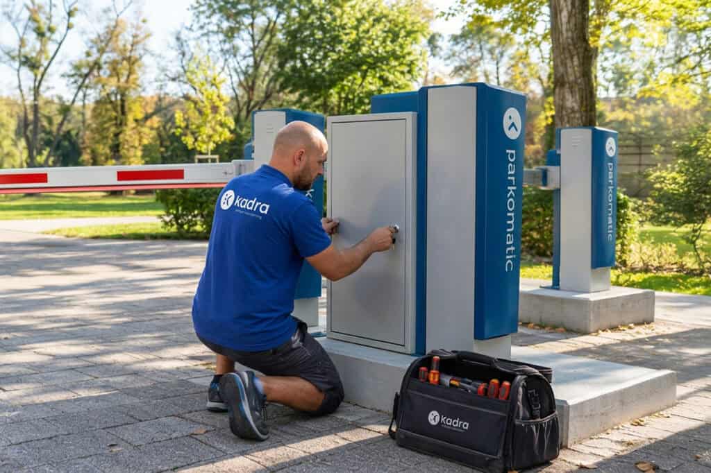 Installation of Kadra parking barrier system for access control and security.