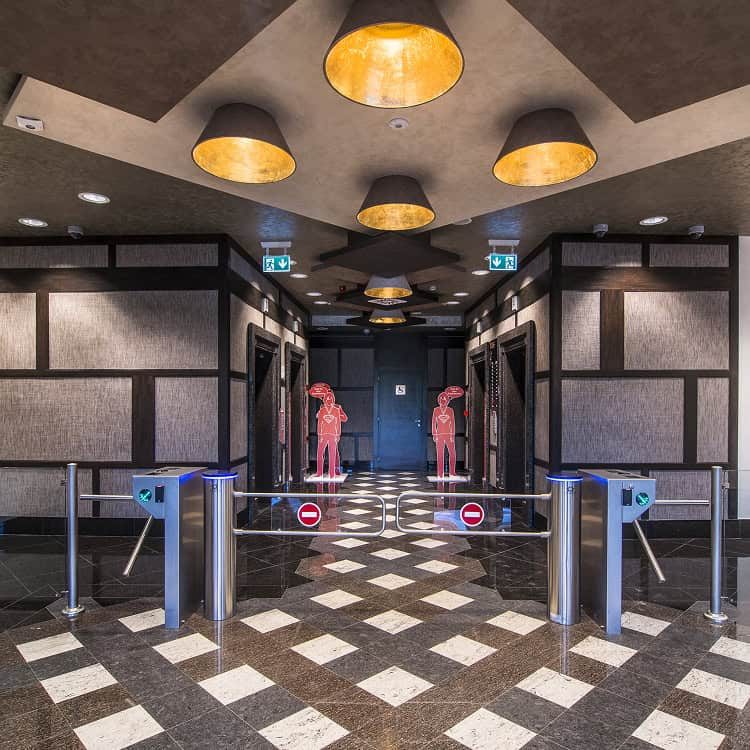 Modern turnstiles for access control in buildings.
